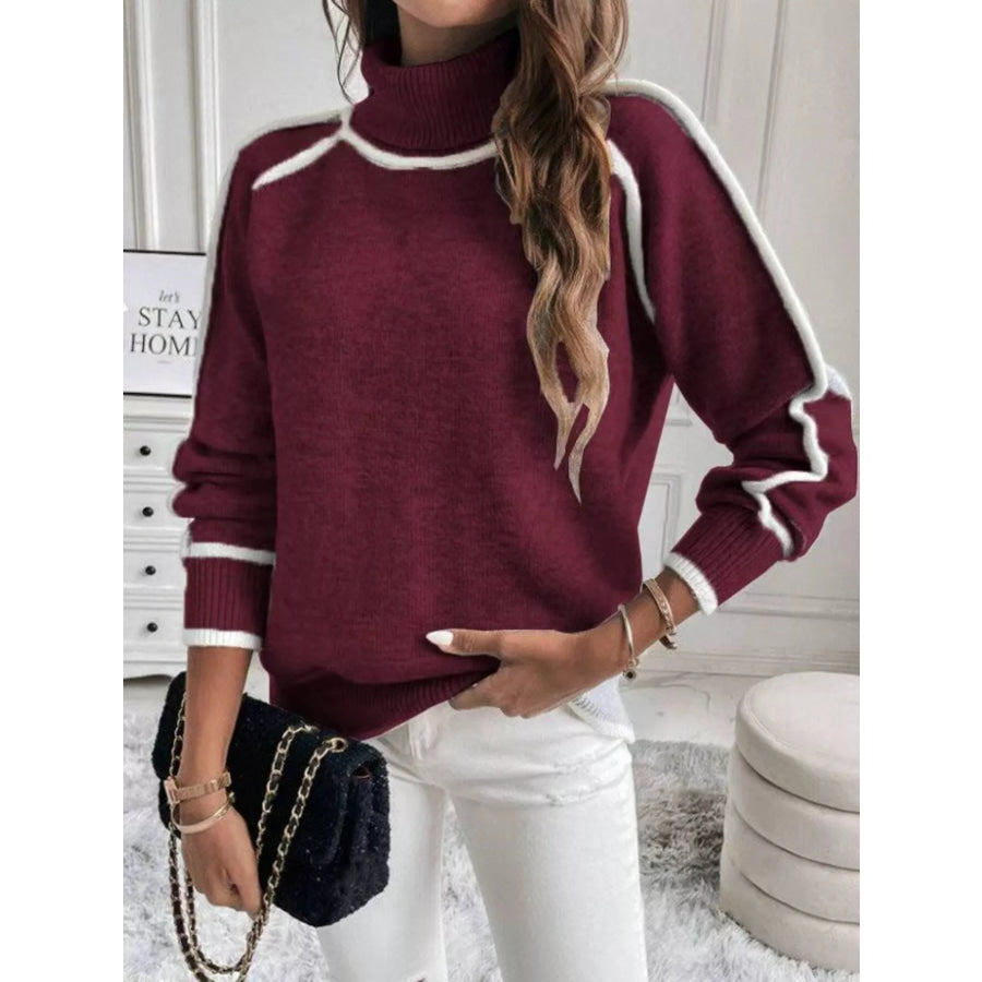 Full Size Contrast Trim Ribbed Hem Turtleneck Sweater Plus Cherry Red / S Apparel and Accessories