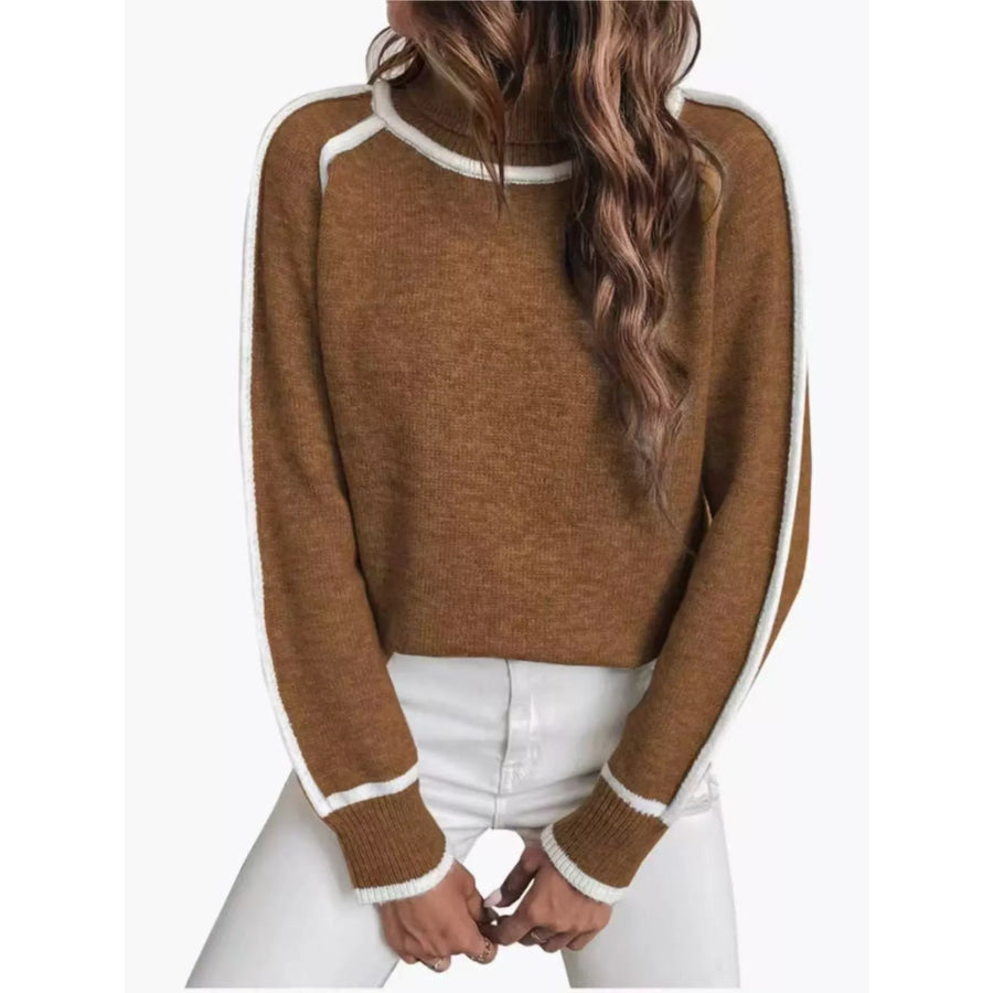 Full Size Contrast Trim Ribbed Hem Turtleneck Sweater Plus Dark Brown / S Apparel and Accessories