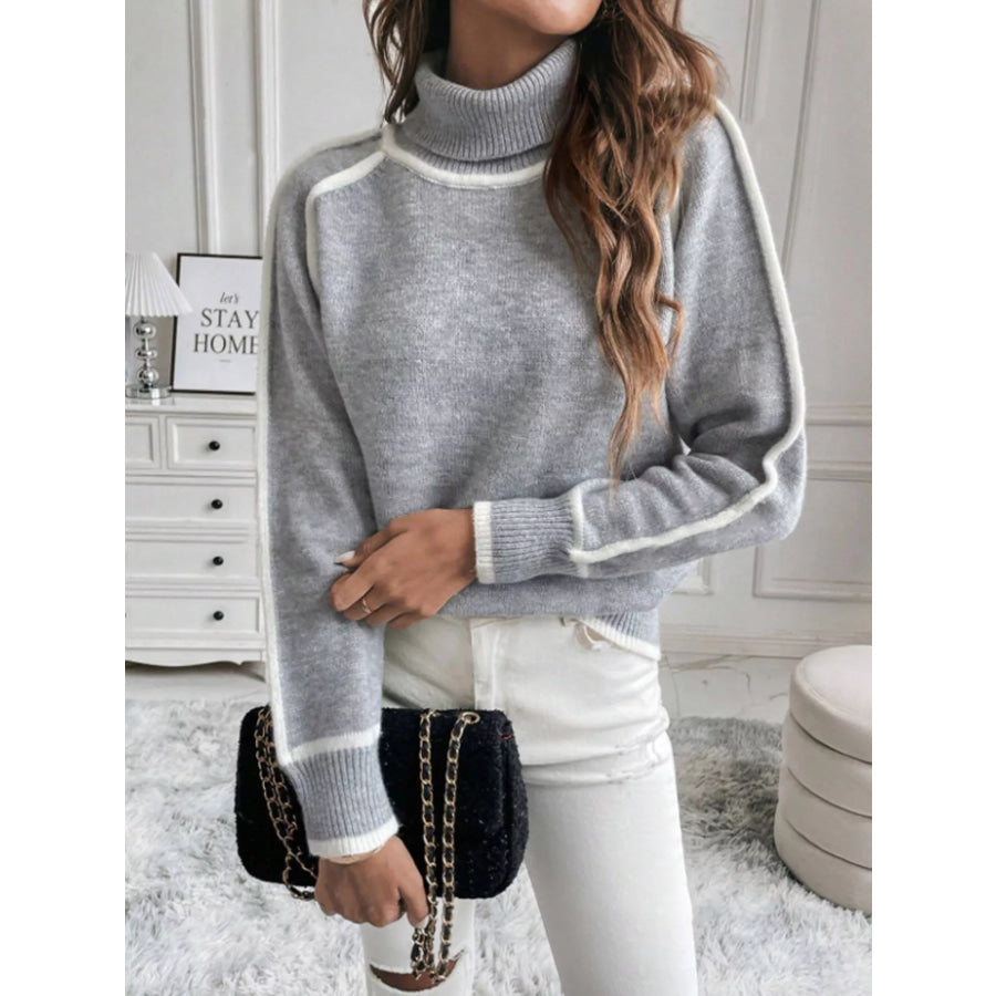 Full Size Contrast Trim Ribbed Hem Turtleneck Sweater Plus Gray / S Apparel and Accessories