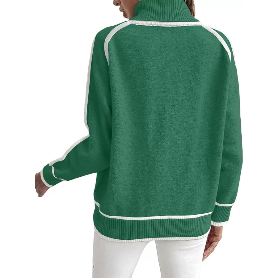 Full Size Contrast Trim Ribbed Hem Turtleneck Sweater Plus Green / S Apparel and Accessories