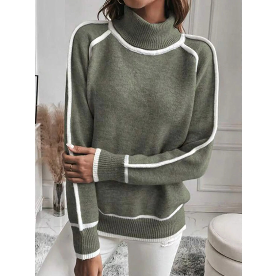 Full Size Contrast Trim Ribbed Hem Turtleneck Sweater Plus Military Green / S Apparel and Accessories
