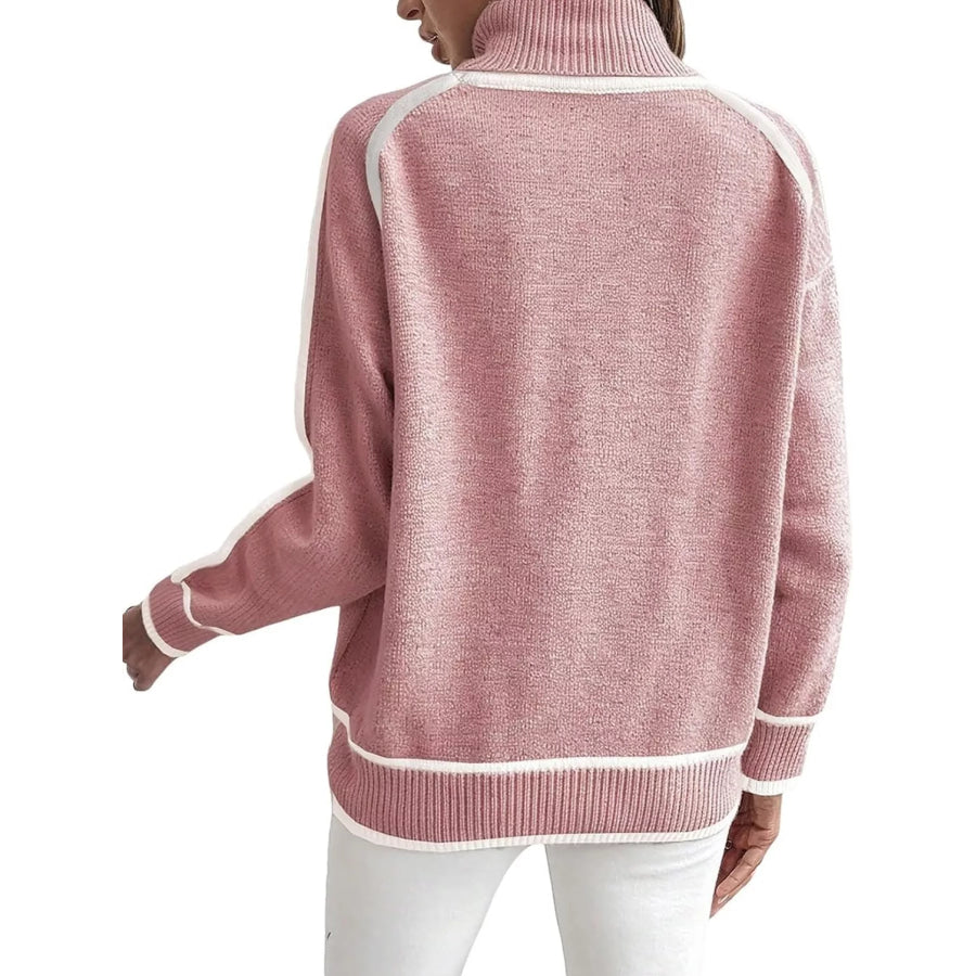 Full Size Contrast Trim Ribbed Hem Turtleneck Sweater Plus Pink / S Apparel and Accessories