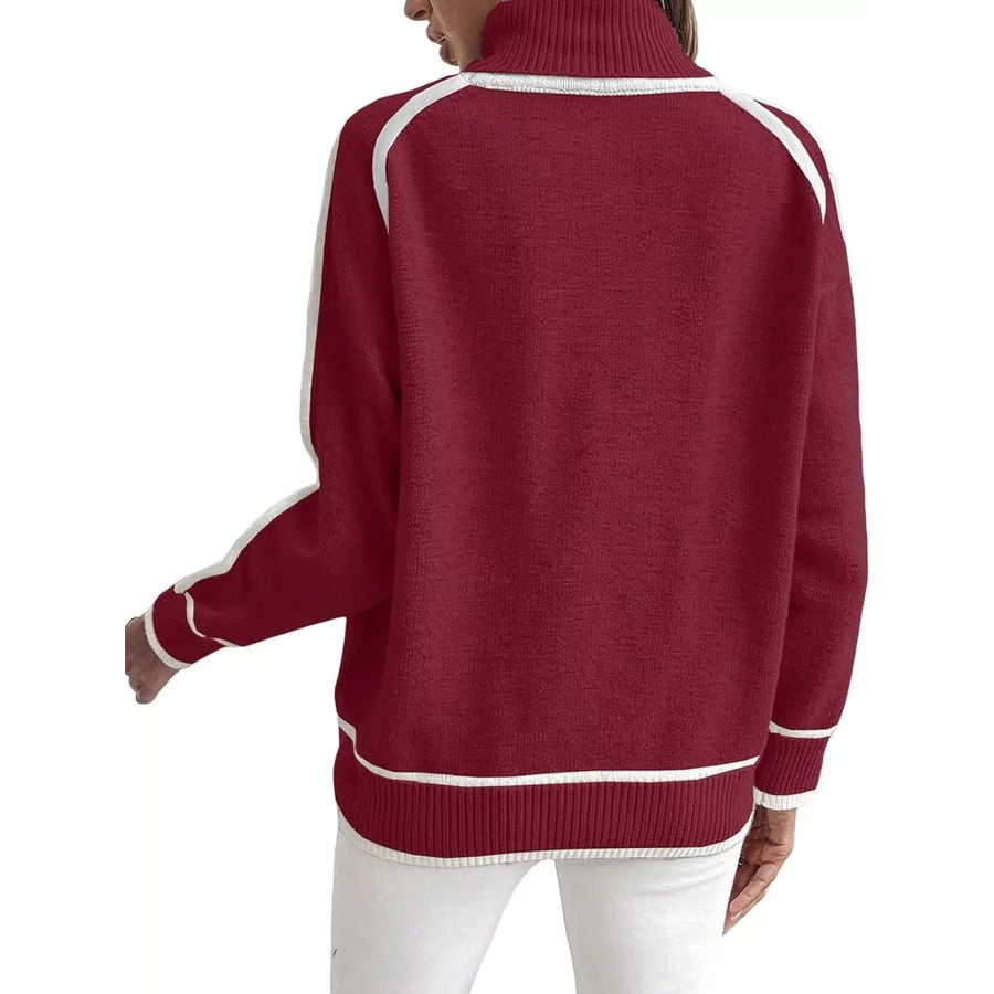 Full Size Contrast Trim Ribbed Hem Turtleneck Sweater Plus Red / S Apparel and Accessories