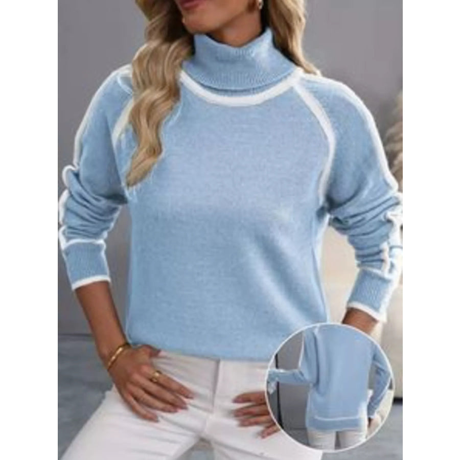 Full Size Contrast Trim Ribbed Hem Turtleneck Sweater Plus Sky Blue / S Apparel and Accessories