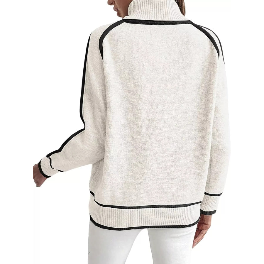 Full Size Contrast Trim Ribbed Hem Turtleneck Sweater Plus White / S Apparel and Accessories