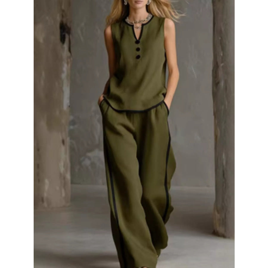 Full Size Contrast Trim Sleeveless Top and Pants Set Plus Size Army Green / S Apparel and Accessories