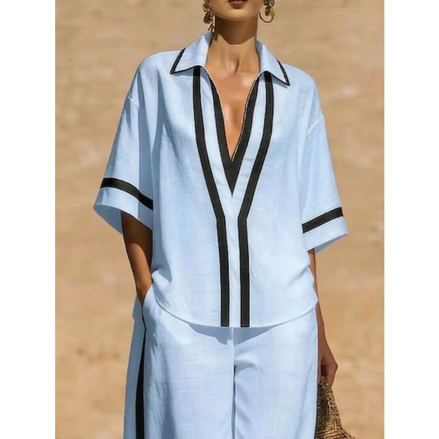 Full Size Contrast Trim Top and Pants Set Plus Size Light Blue / S Apparel and Accessories