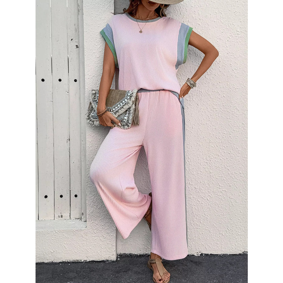 Full Size Contrast Trim Top and Pants Set Plus Blush Pink / S Apparel Accessories