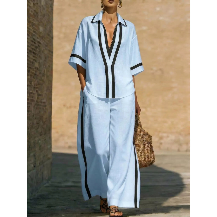 Full Size Contrast Trim Top and Pants Set Plus Size Light Blue / S Apparel and Accessories