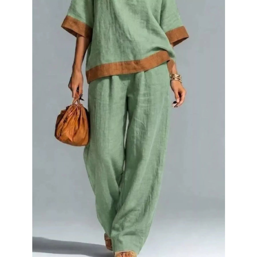 Full Size Contrast Trim Top and Wide Leg Pants Set Plus Apparel Accessories