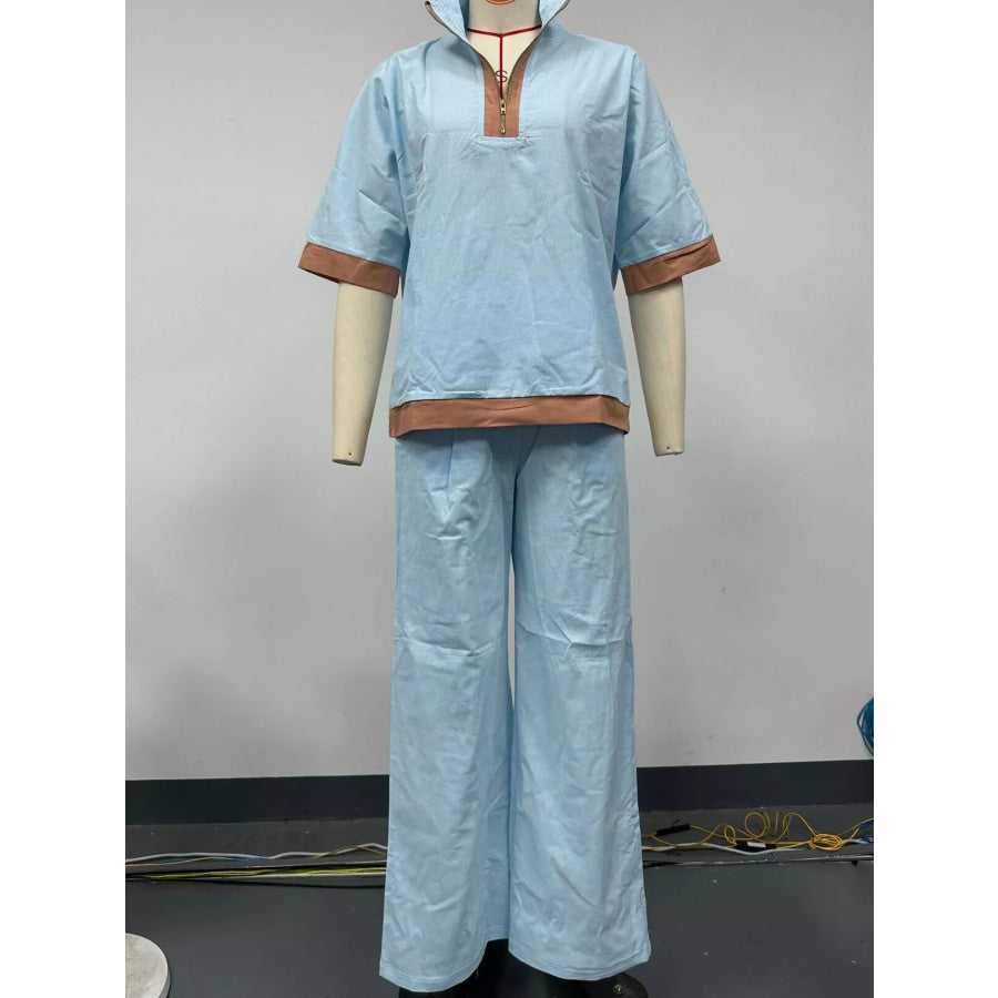 Full Size Contrast Trim Top and Wide Leg Pants Set Plus Apparel Accessories