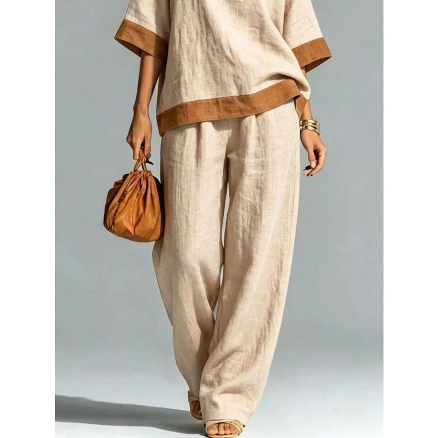 Full Size Contrast Trim Top and Wide Leg Pants Set Plus Apparel Accessories