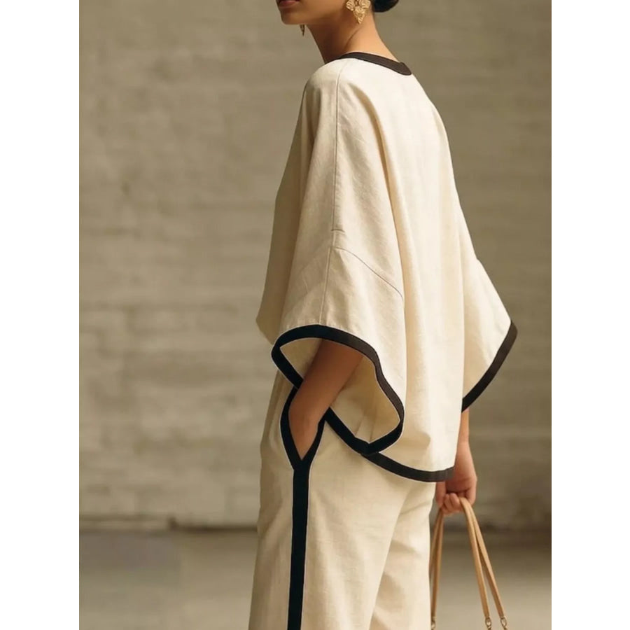Full Size Contrast Trim Top and Wide-Leg Pants Set Plus Size Apparel and Accessories