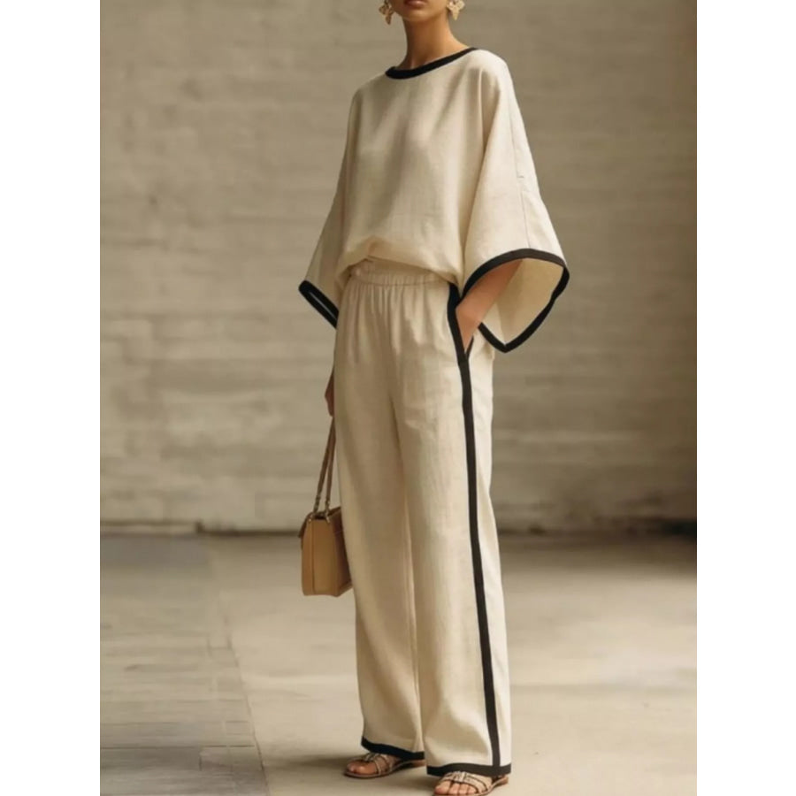 Full Size Contrast Trim Top and Wide-Leg Pants Set Plus Size Apparel and Accessories