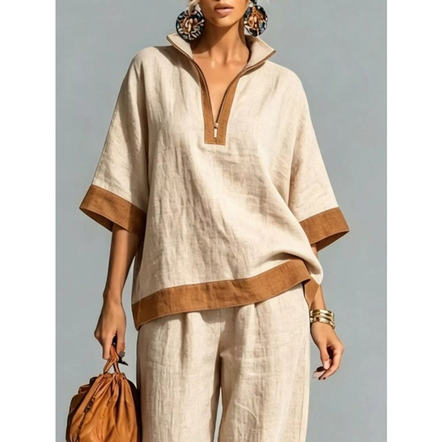Full Size Contrast Trim Top and Wide Leg Pants Set Plus Apparel Accessories