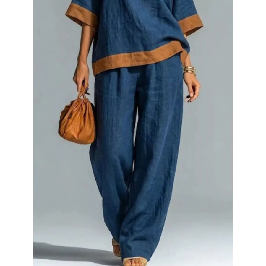 Full Size Contrast Trim Top and Wide Leg Pants Set Plus Apparel Accessories