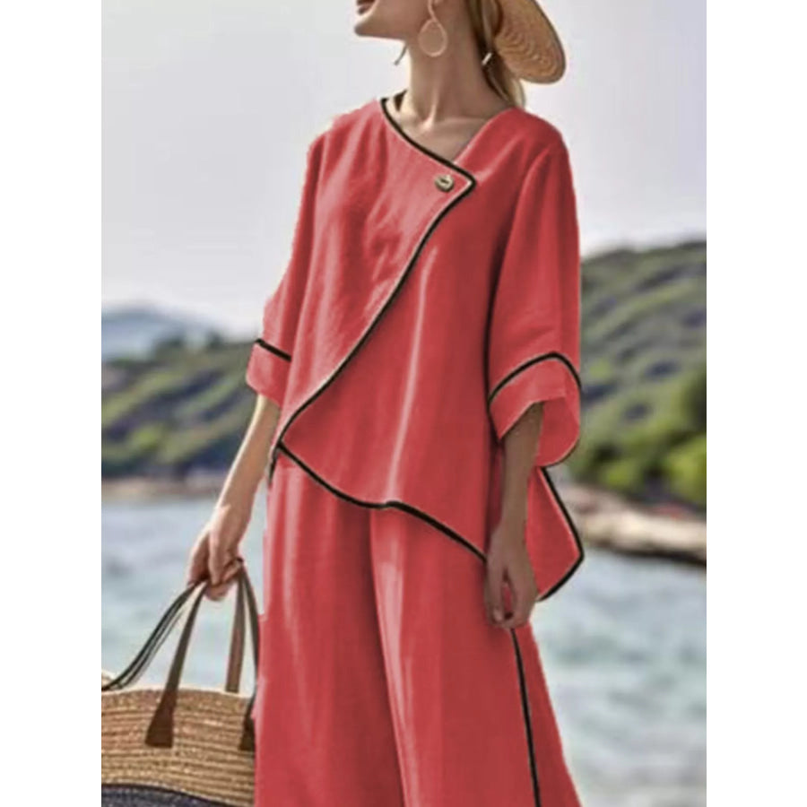 Full Size Contrast Trim Top and Wide Leg Pants Set Plus Apparel Accessories