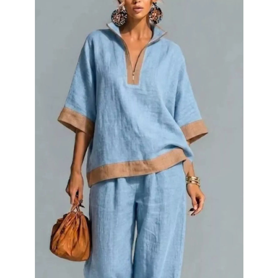 Full Size Contrast Trim Top and Wide Leg Pants Set Plus Apparel Accessories