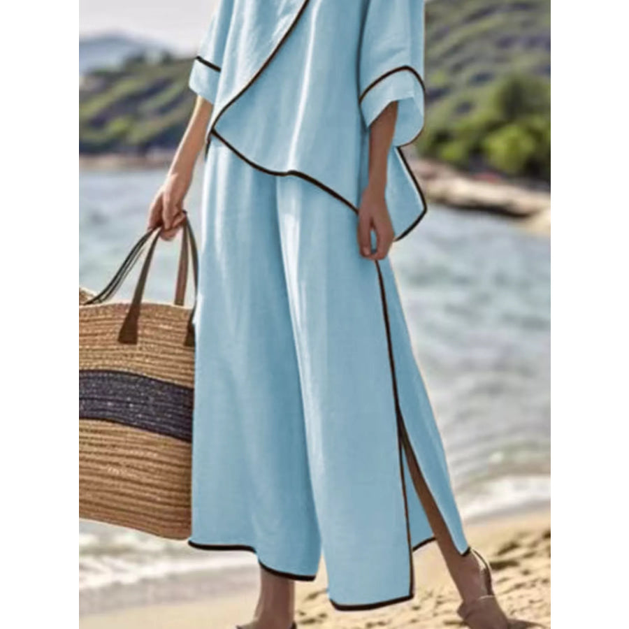 Full Size Contrast Trim Top and Wide Leg Pants Set Plus Apparel Accessories