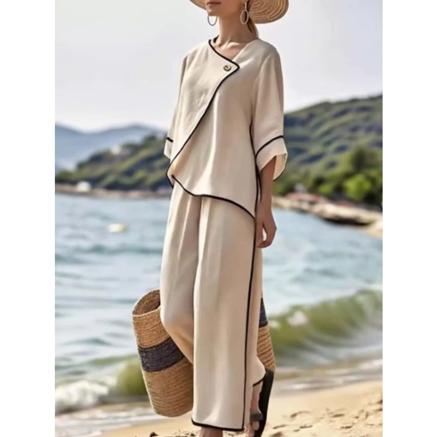 Full Size Contrast Trim Top and Wide Leg Pants Set Plus Apparel Accessories