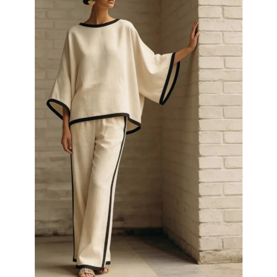 Full Size Contrast Trim Top and Wide-Leg Pants Set Plus Size Apparel and Accessories