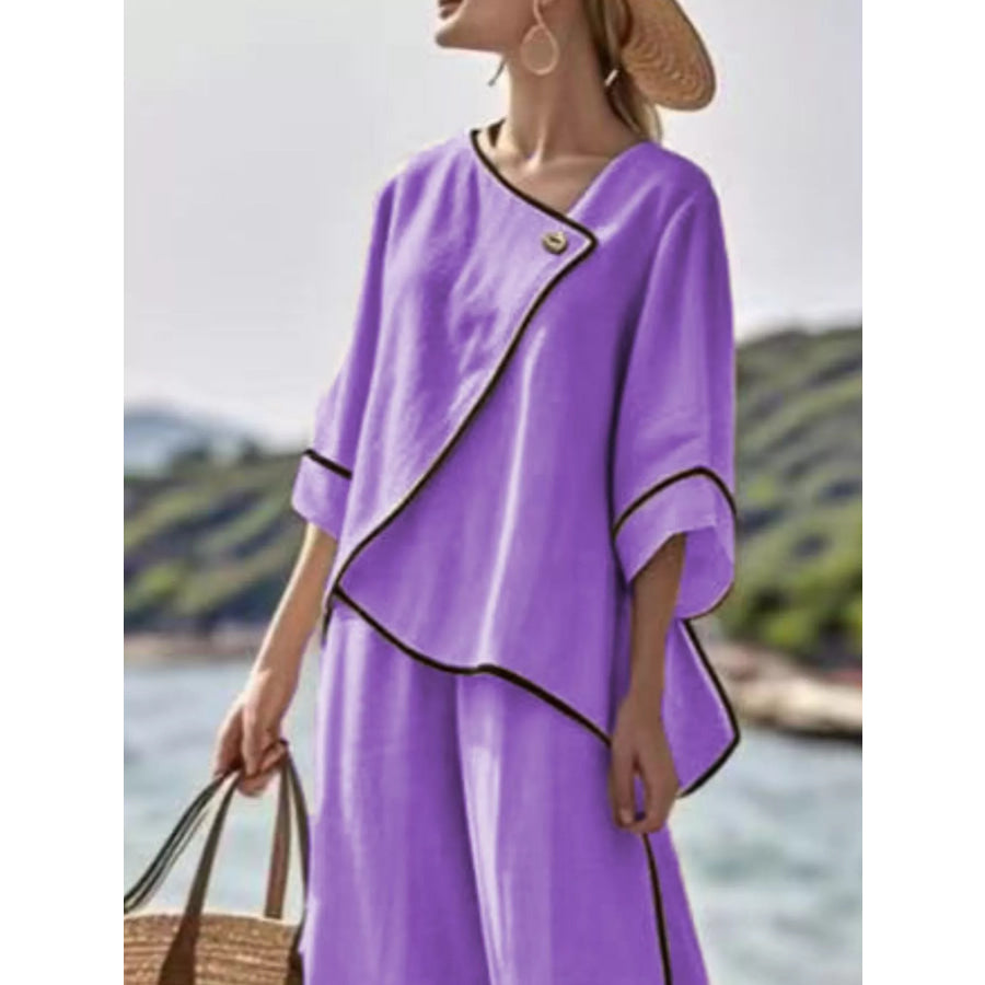 Full Size Contrast Trim Top and Wide Leg Pants Set Plus Apparel Accessories