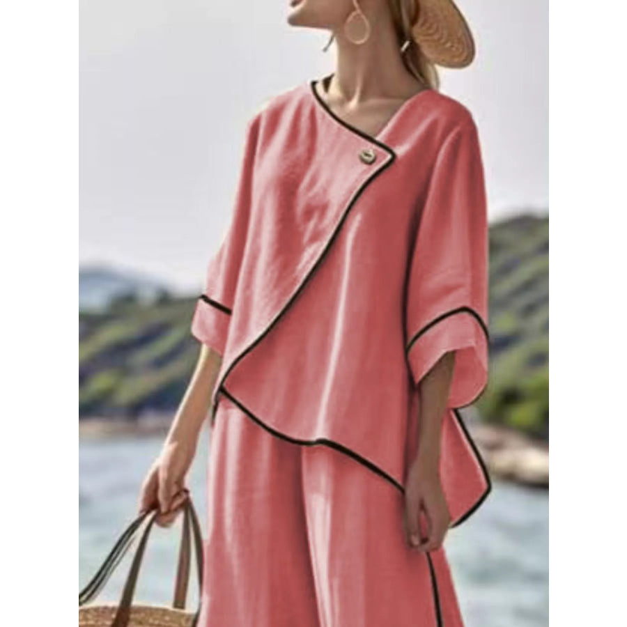 Full Size Contrast Trim Top and Wide Leg Pants Set Plus Apparel Accessories