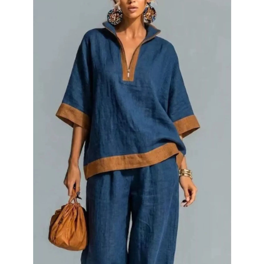 Full Size Contrast Trim Top and Wide Leg Pants Set Plus Apparel Accessories