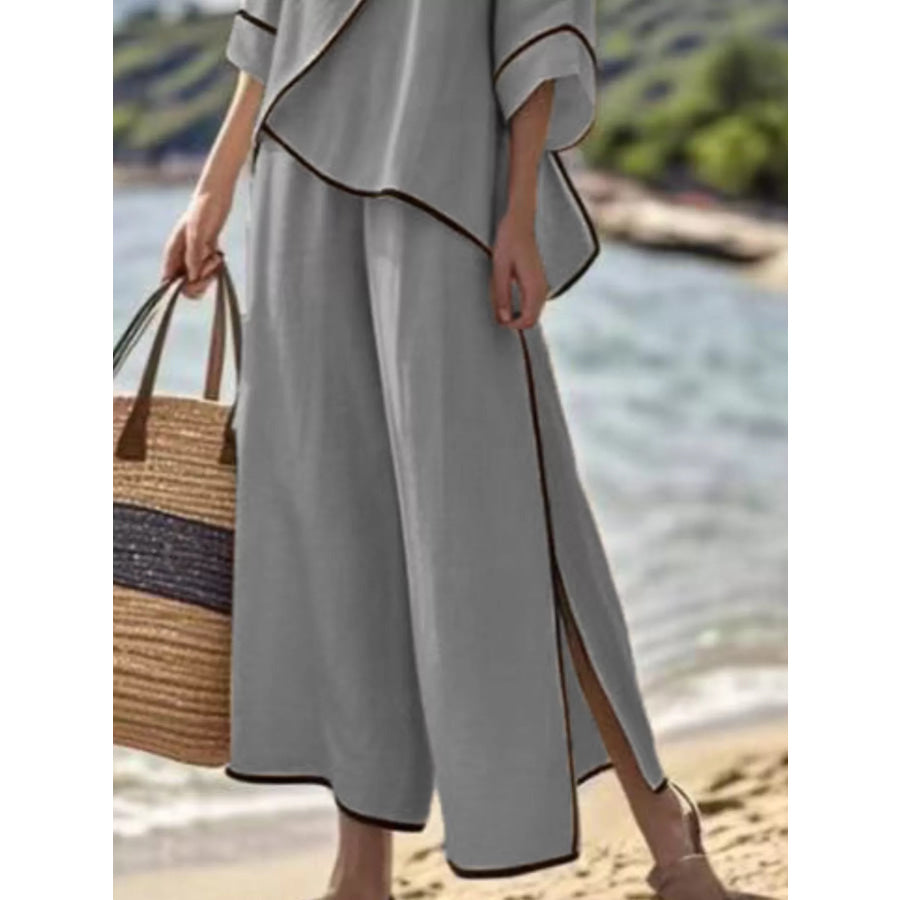 Full Size Contrast Trim Top and Wide Leg Pants Set Plus Apparel Accessories