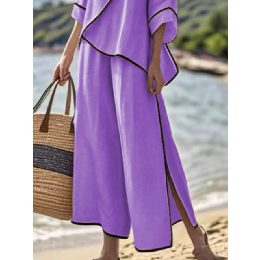 Full Size Contrast Trim Top and Wide Leg Pants Set Plus Apparel Accessories