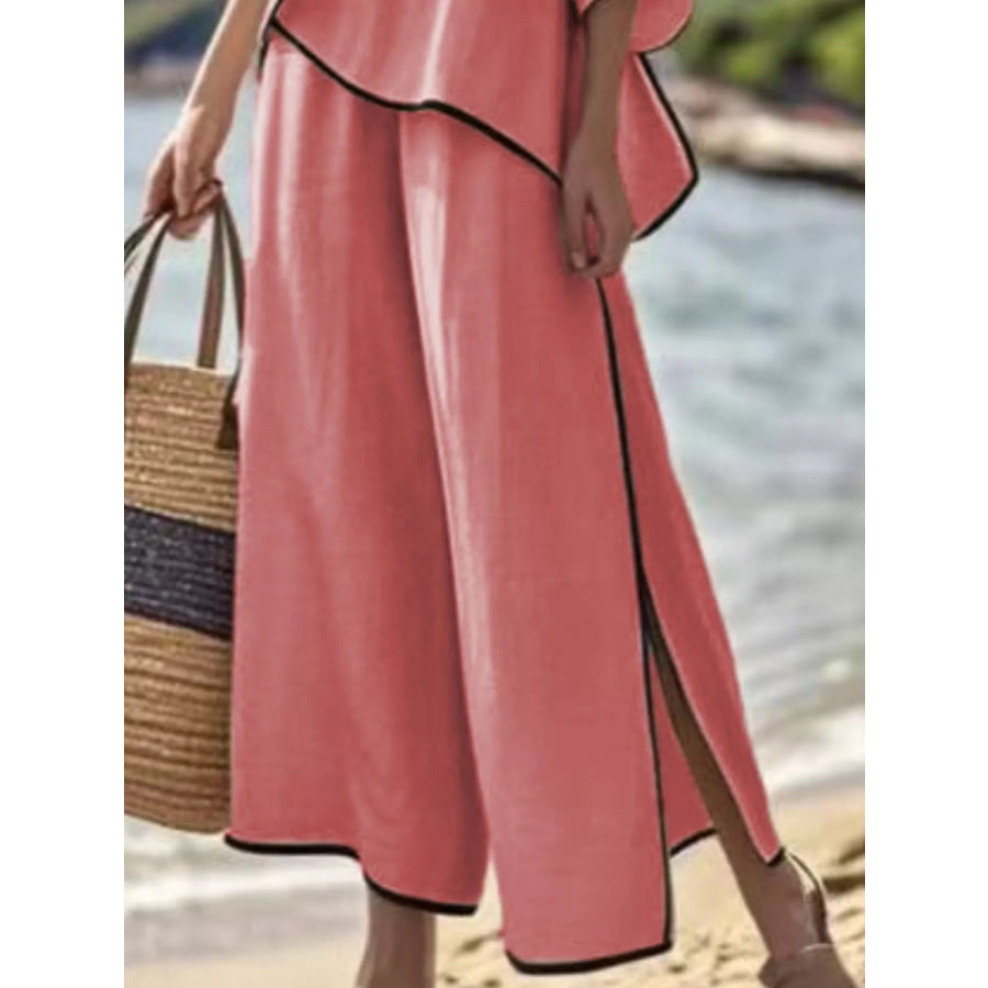 Full Size Contrast Trim Top and Wide Leg Pants Set Plus Apparel Accessories