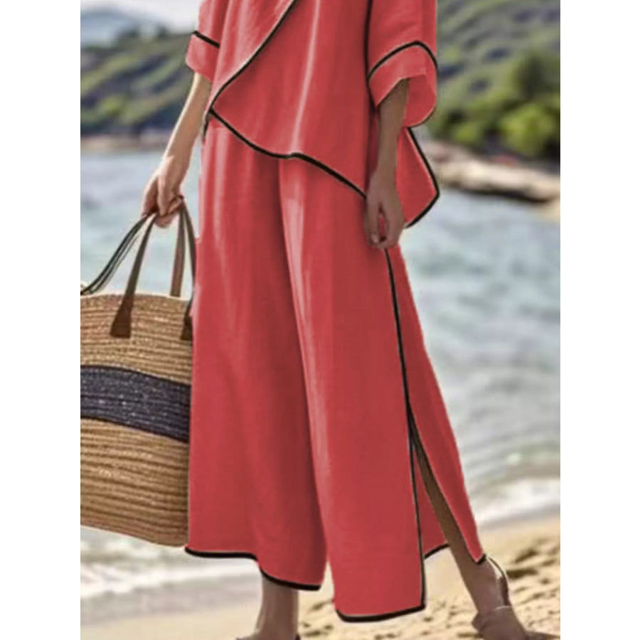 Full Size Contrast Trim Top and Wide Leg Pants Set Plus Apparel Accessories