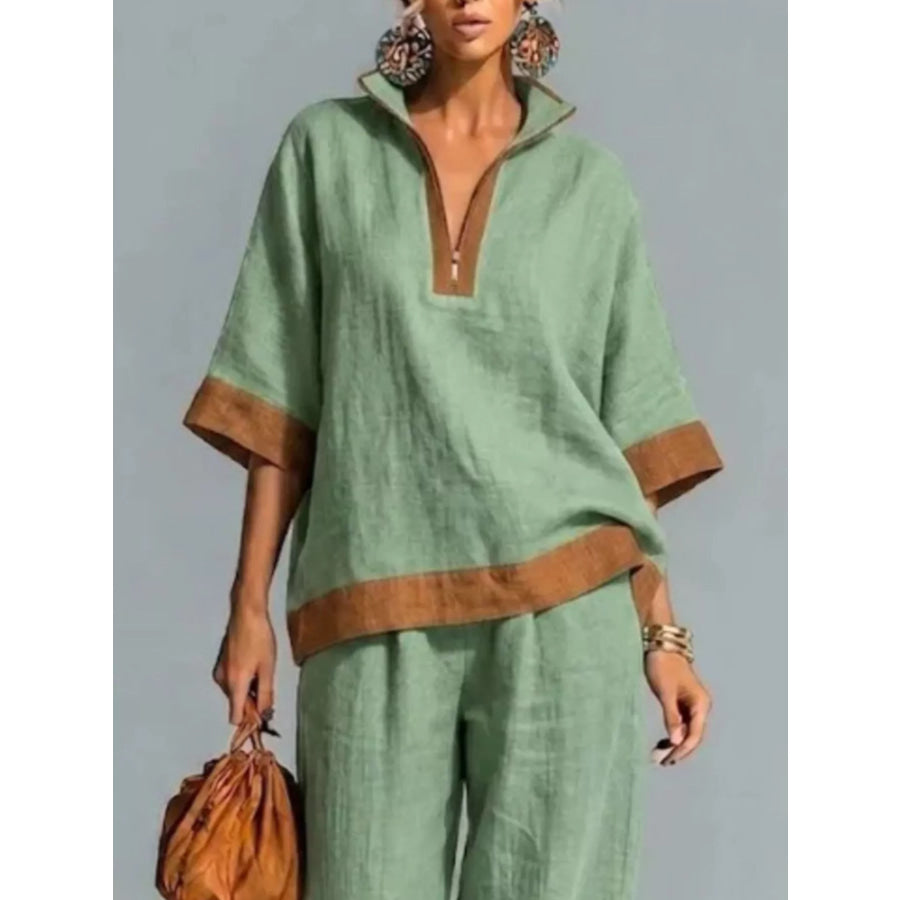 Full Size Contrast Trim Top and Wide Leg Pants Set Plus Apparel Accessories