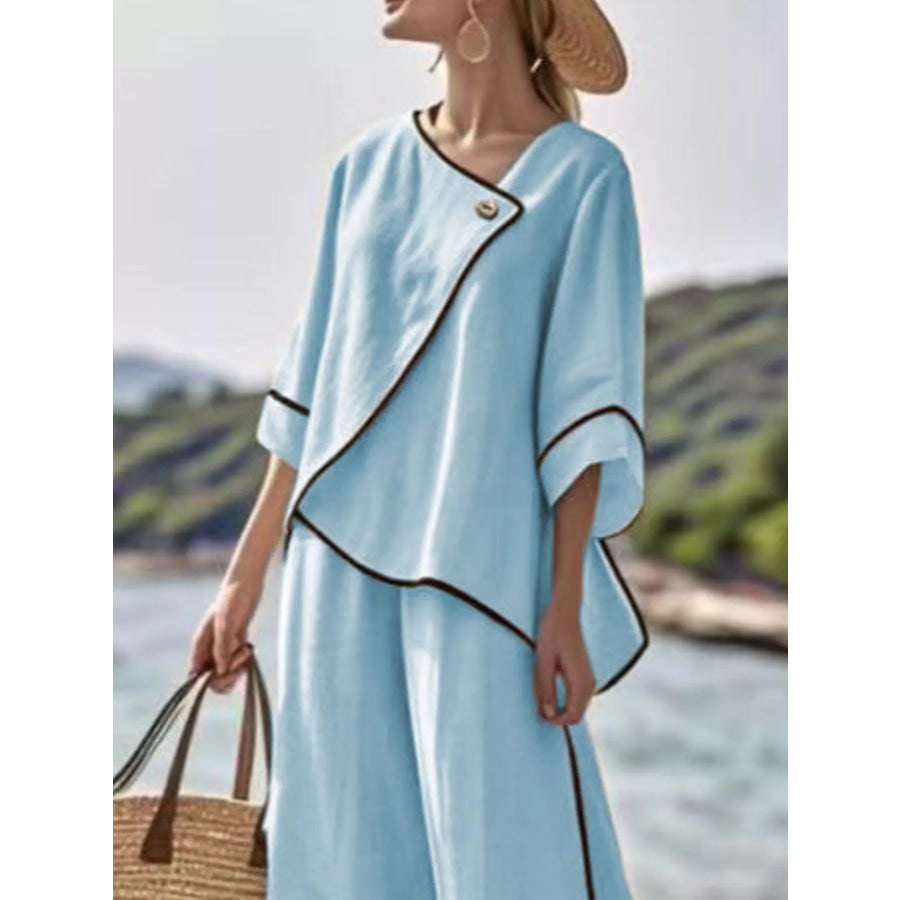 Full Size Contrast Trim Top and Wide Leg Pants Set Plus Apparel Accessories
