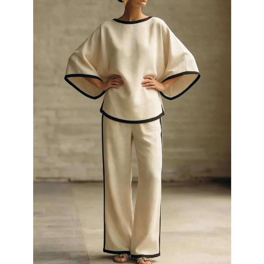 Full Size Contrast Trim Top and Wide-Leg Pants Set Plus Size Apricot / S Apparel and Accessories