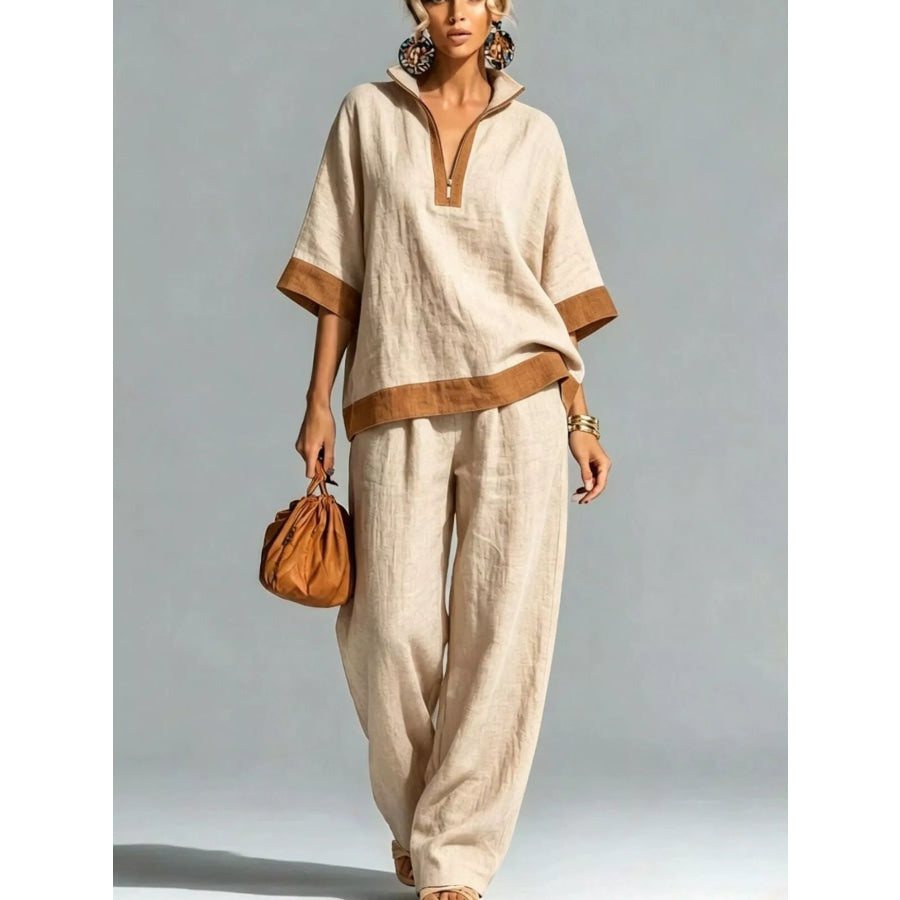 Full Size Contrast Trim Top and Wide Leg Pants Set Plus Beige / S Apparel Accessories