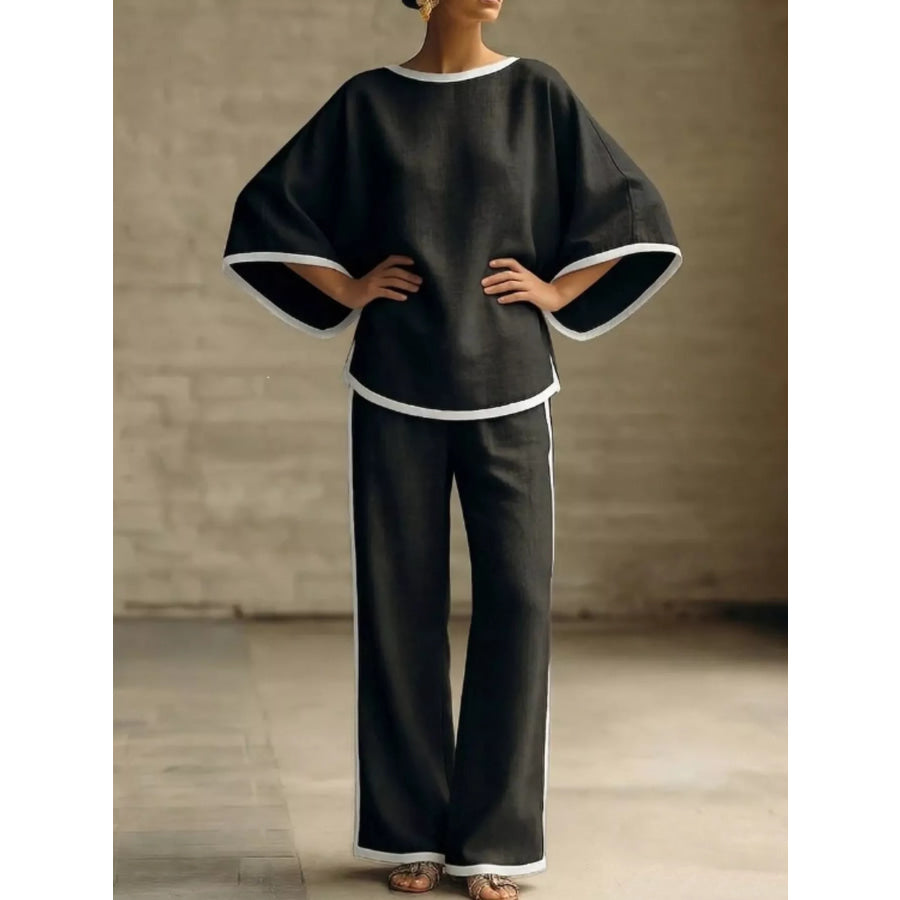 Full Size Contrast Trim Top and Wide-Leg Pants Set Plus Size Black / S Apparel and Accessories