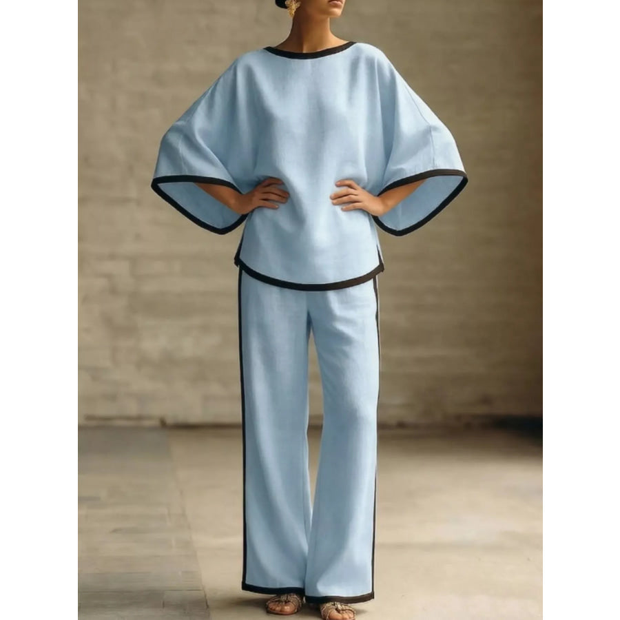 Full Size Contrast Trim Top and Wide-Leg Pants Set Plus Size Blue / S Apparel and Accessories