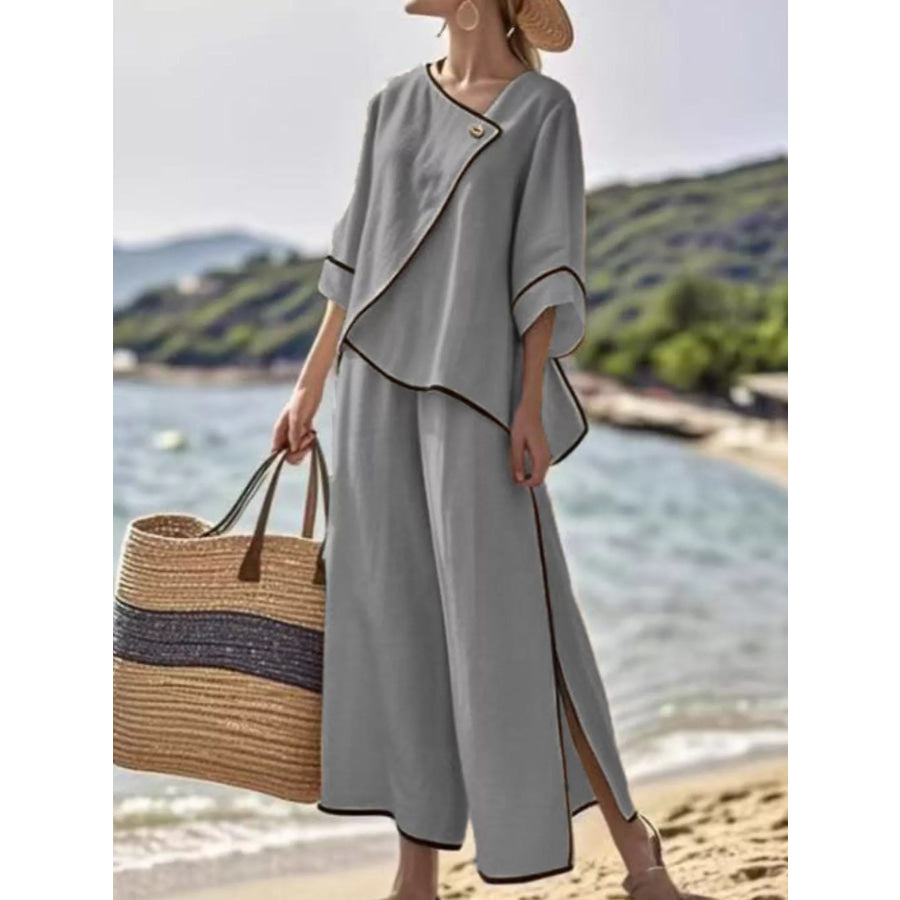 Full Size Contrast Trim Top and Wide Leg Pants Set Plus Grey / S Apparel Accessories