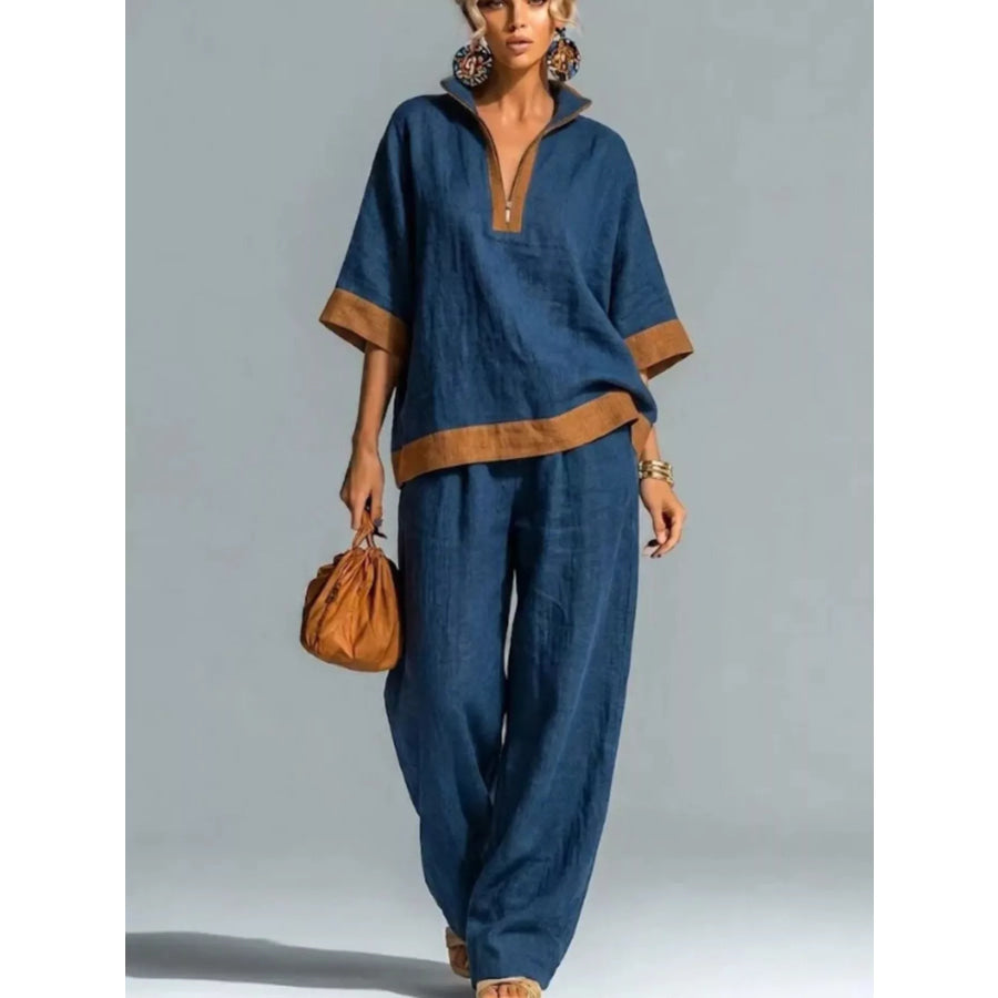 Full Size Contrast Trim Top and Wide Leg Pants Set Plus Navy / S Apparel Accessories