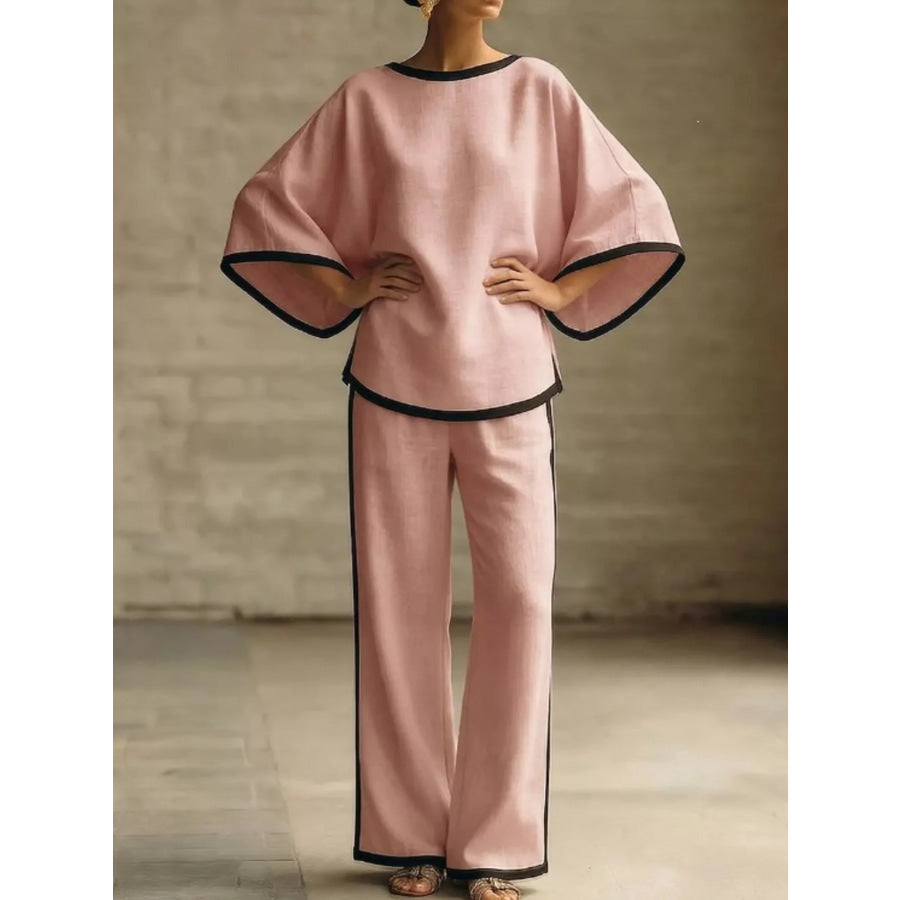 Full Size Contrast Trim Top and Wide-Leg Pants Set Plus Size Pink / S Apparel and Accessories