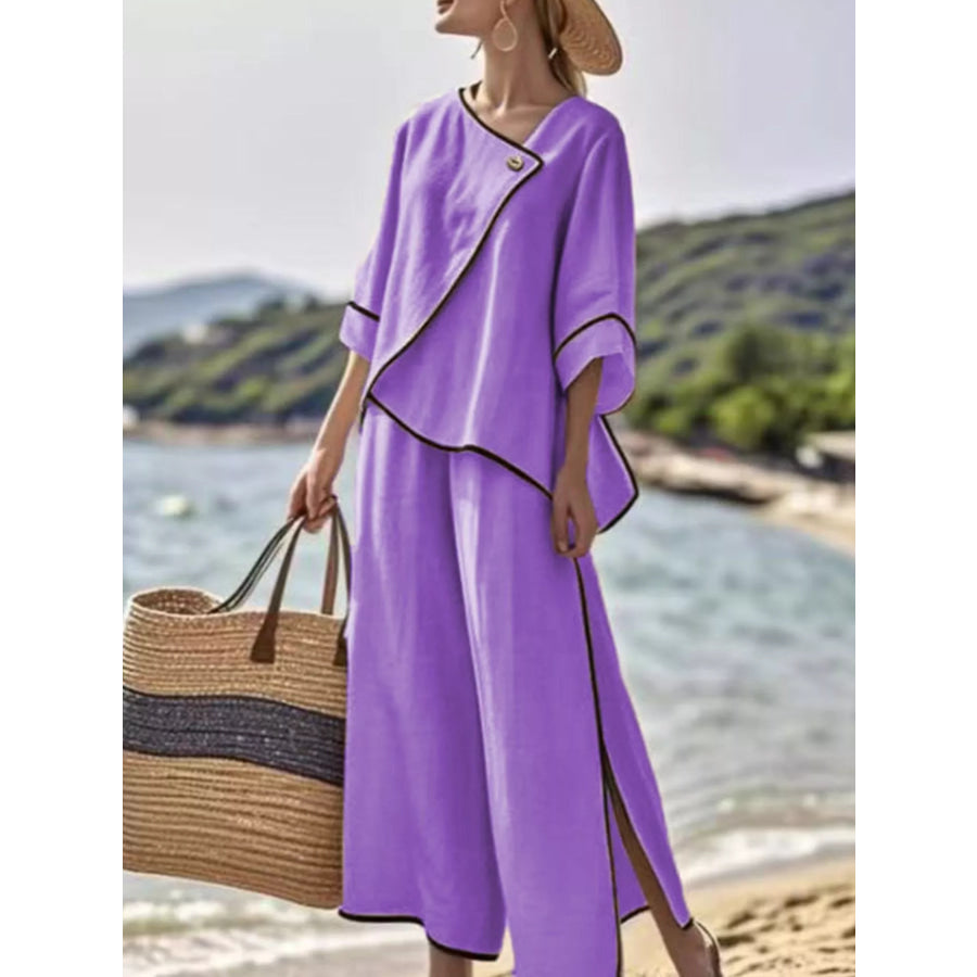Full Size Contrast Trim Top and Wide Leg Pants Set Plus Purple / S Apparel Accessories