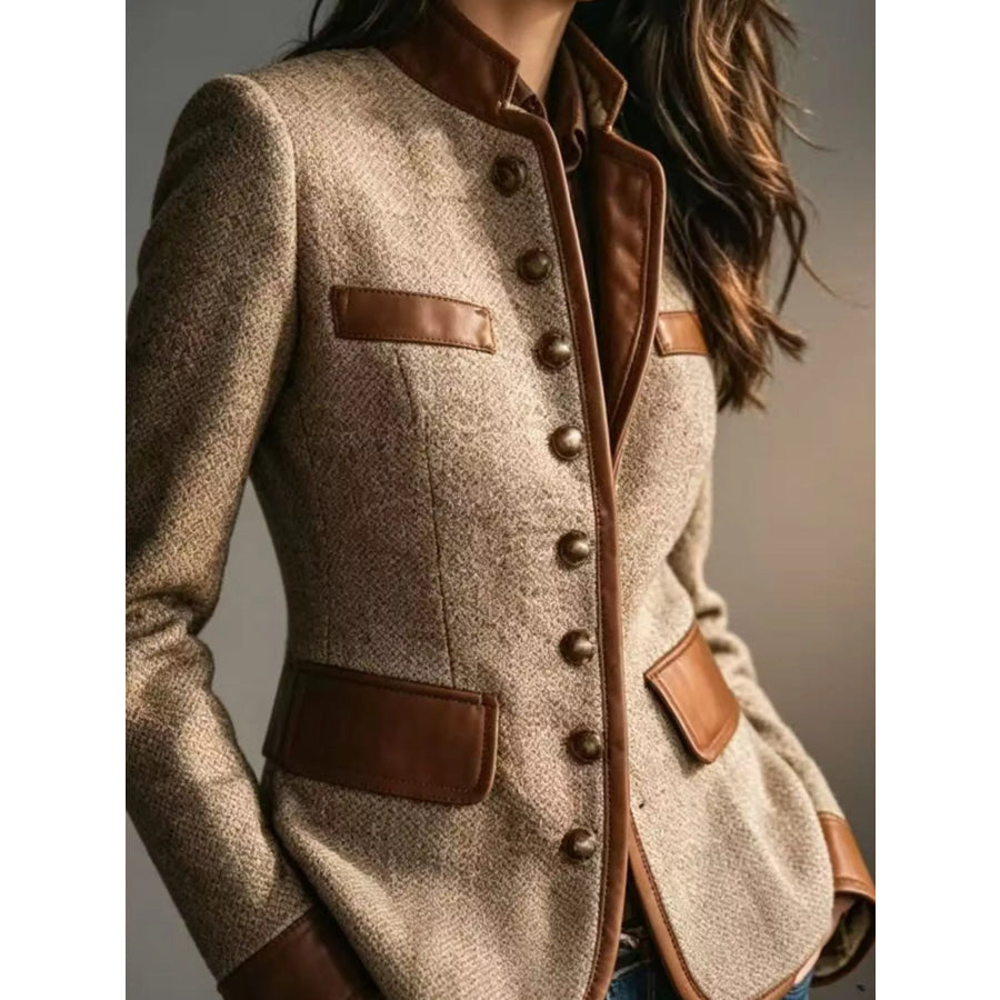 Full Size Contrast Trim Tweed Outerwear Plus Camel / S Apparel and Accessories
