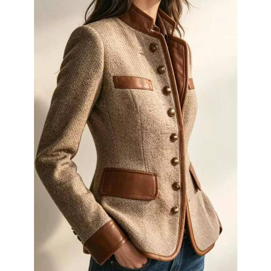 Full Size Contrast Trim Tweed Outerwear Plus Apparel and Accessories