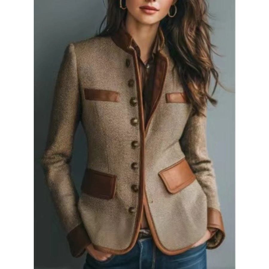 Full Size Contrast Trim Tweed Outerwear Plus Camel / S Apparel and Accessories