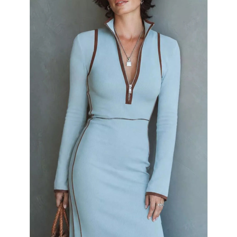 Full Size Contrast Trim Zip-Up Long Sleeve Knit Maxi Dress Plus Sky Blue / S Apparel and Accessories