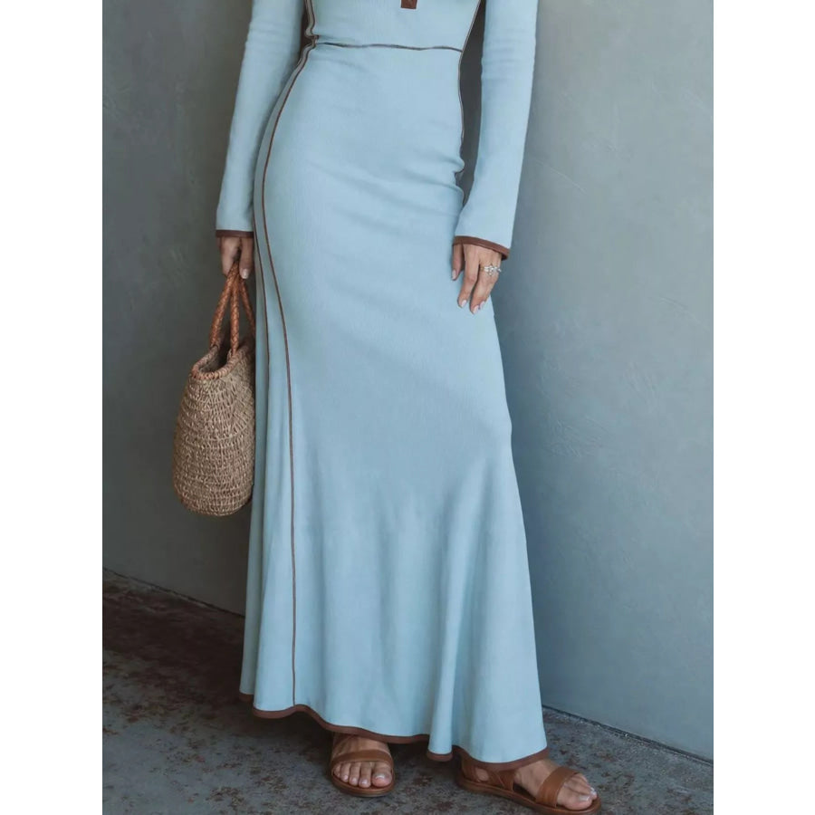 Full Size Contrast Trim Zip-Up Long Sleeve Knit Maxi Dress Plus Apparel and Accessories