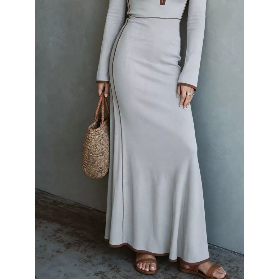 Full Size Contrast Trim Zip-Up Long Sleeve Knit Maxi Dress Plus Apparel and Accessories