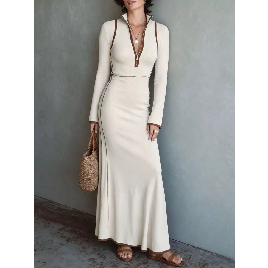 Full Size Contrast Trim Zip-Up Long Sleeve Knit Maxi Dress Plus Cream / S Apparel and Accessories
