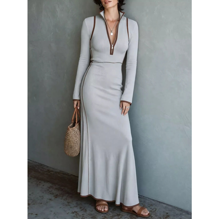 Full Size Contrast Trim Zip-Up Long Sleeve Knit Maxi Dress Plus Light Gray / S Apparel and Accessories